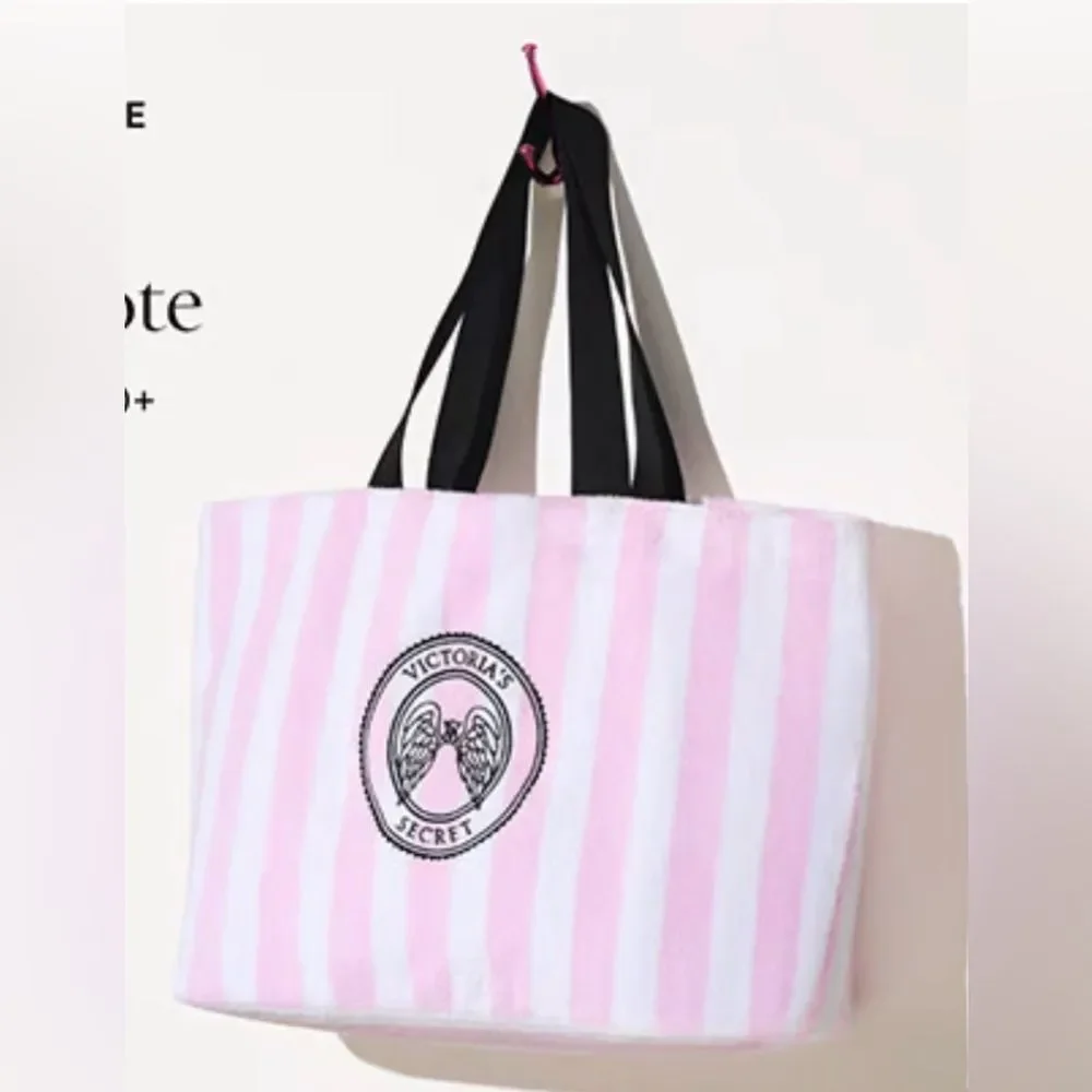 2026 NWT Victoria's Secret Angel Essentials Pink & White Stripe Terry Beach Tote